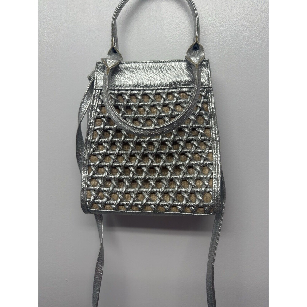 Tianni Faux Leather Handles/Crossbody Weave HandBag Metallic Silver #23 Vintage